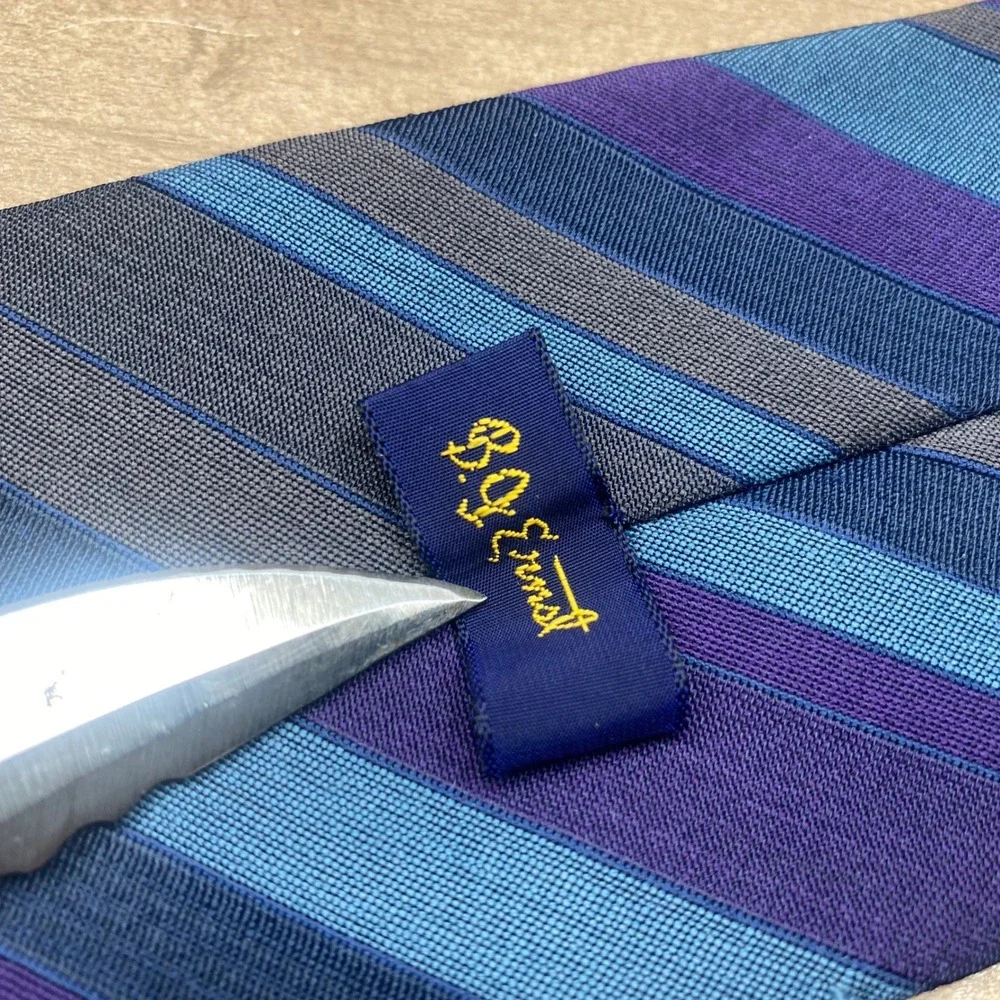 B.J. Ernst Vintage 60s Striped Tie Necktie Blue Purple Grey Wool Blend Union USA
